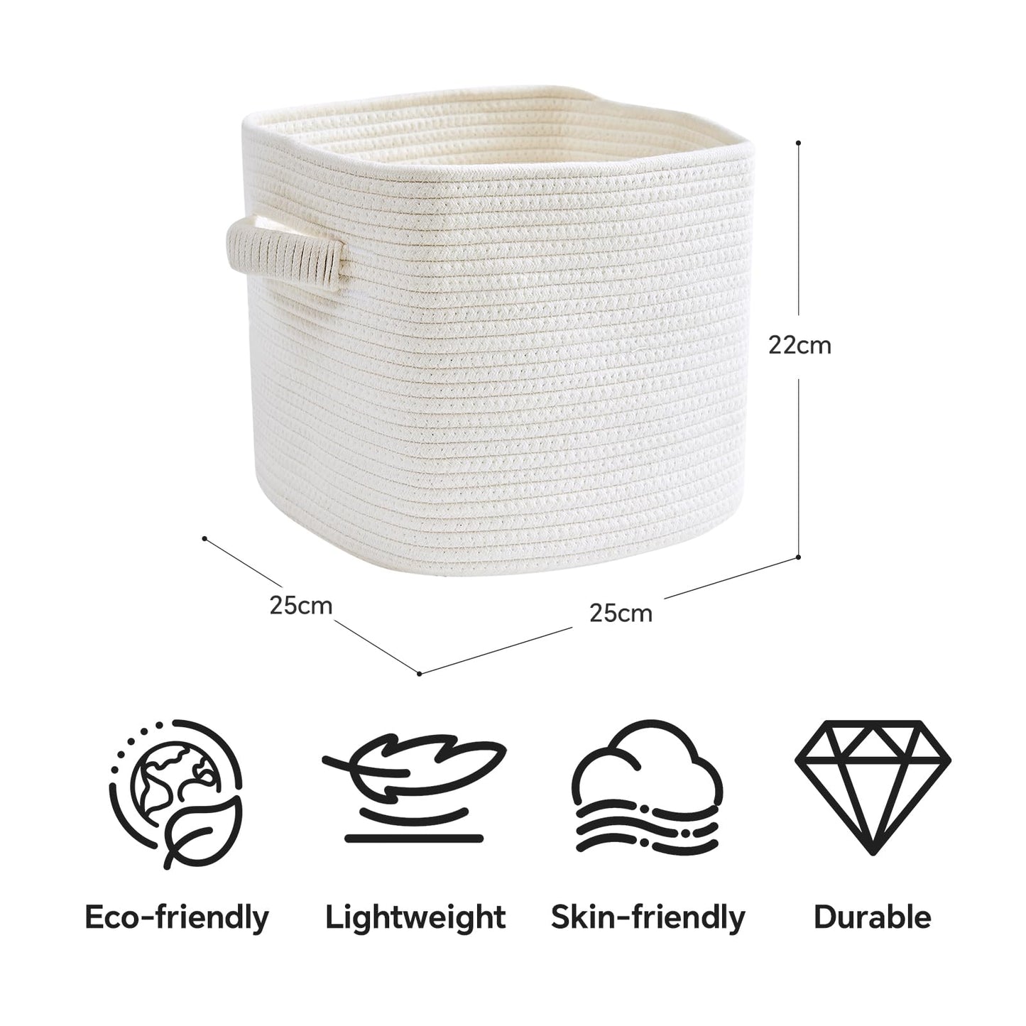 Mangata Set of 4 White Cotton Rope Cube Storage Baskets with Handles, 25x25x22cm, Woven Organisers for Shelves, Bathroom, Bedroom