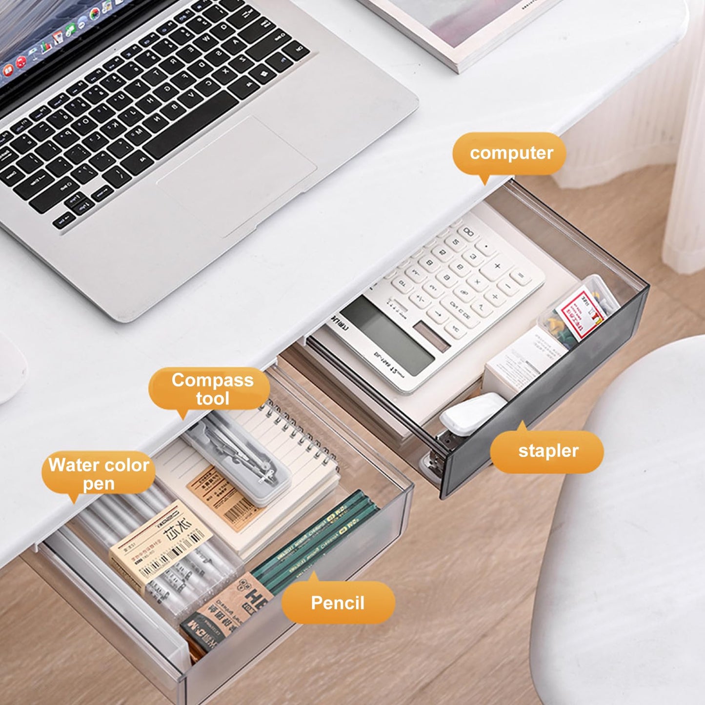 Minjuna 2Pcs Under Desk Drawers, 21x18x5.4 cm Self-Adhesive Under Desk Storage Box, Under Table Hidden Organizer