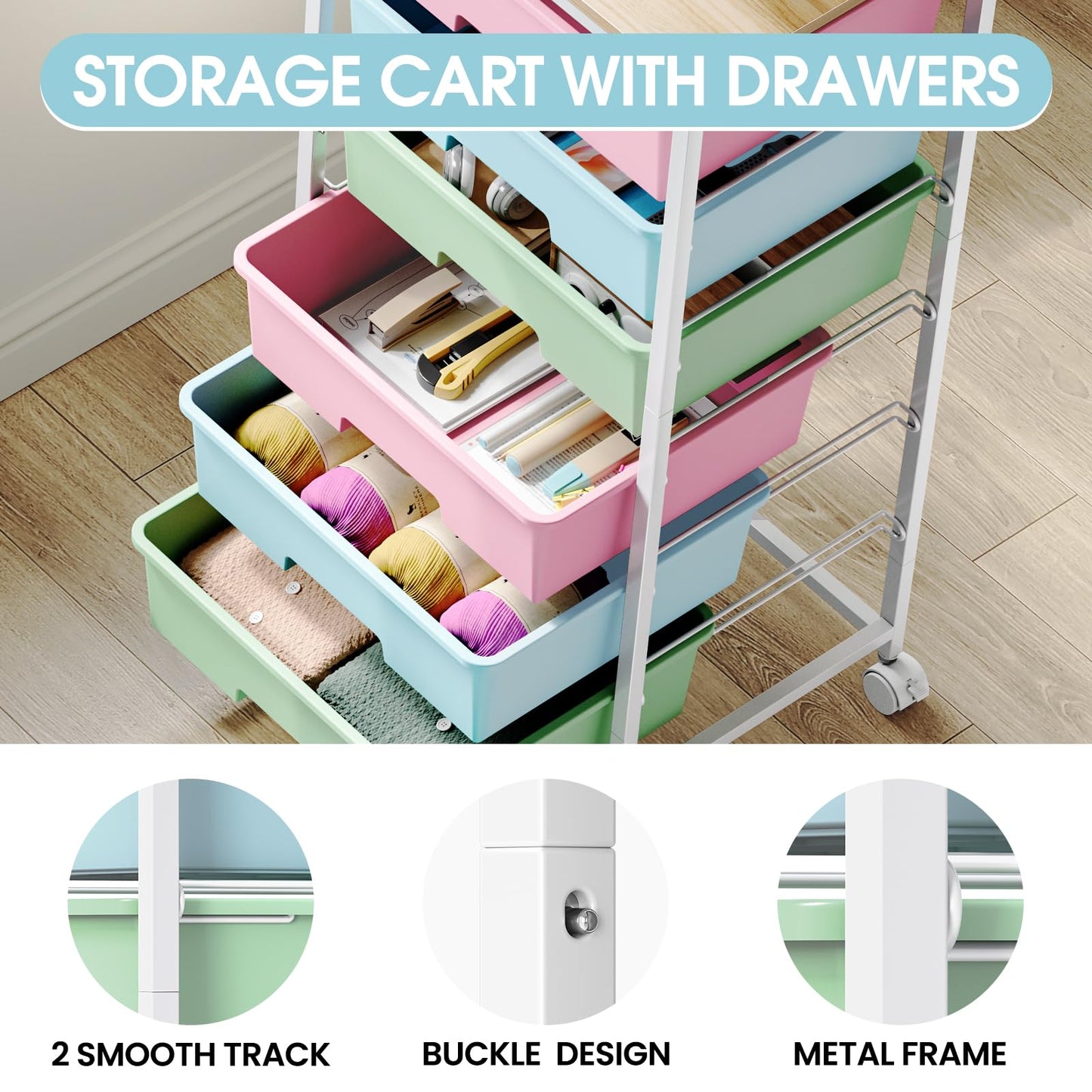 6-Drawer Craft Organizer Trolley Cart with Wooden Top