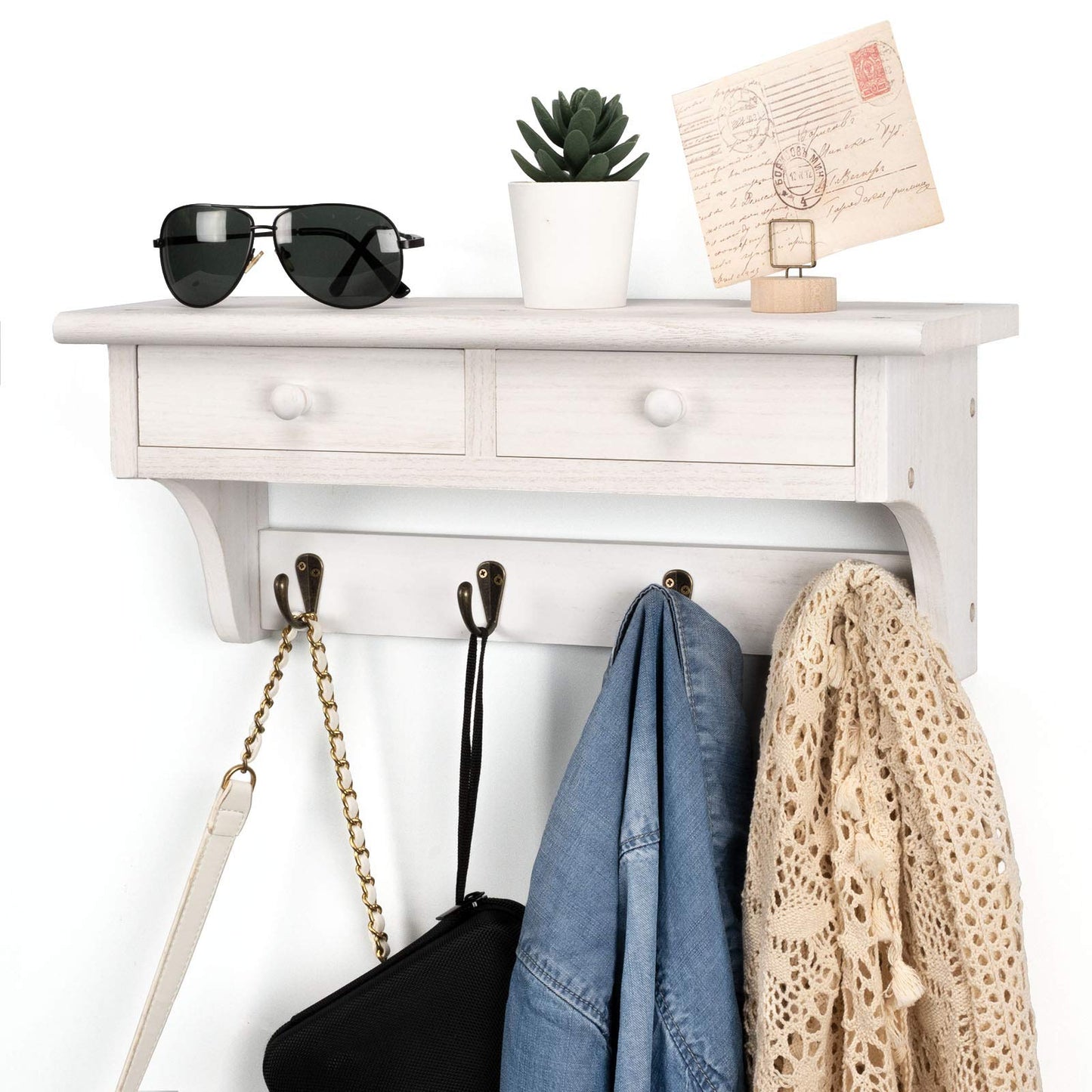 Emfogoo Rustic Wood Coat Rack with Shelf & Vintage Hooks, Farmhouse Wall Mount Coat Rack for Entryway, Bedroom, Living Room, Kitchen(White)
