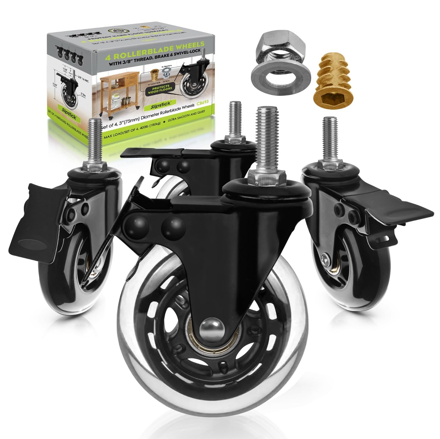 Slipstick CB693 Premium 3 Inch Rubber Caster Wheels with Brake (4 Pack) Replacement Rollerblade Style Swivel Casters with 3/8”– 16x1” Threaded Stem