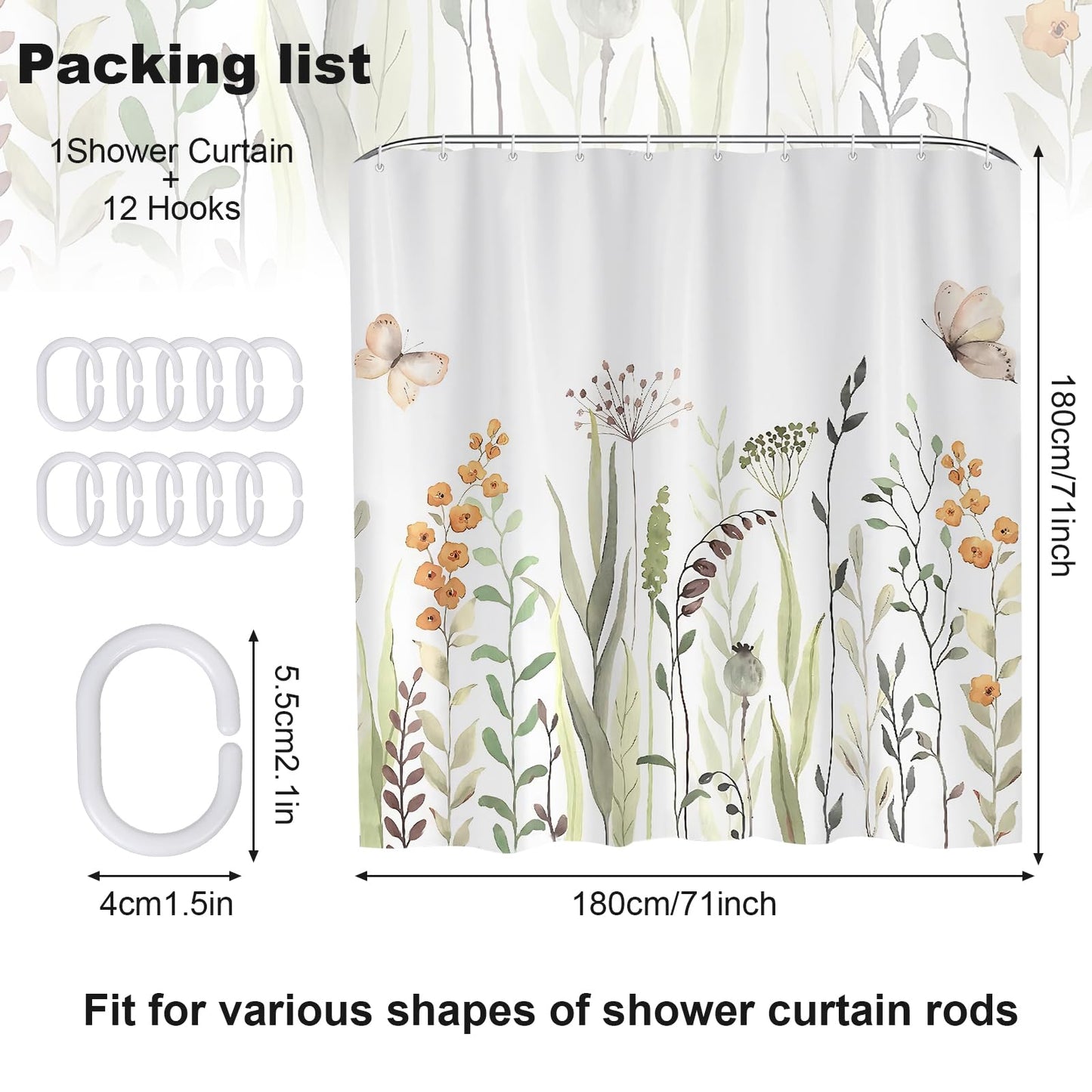 Minicoco Shower Curtain with Floral Botanical - Mould & Mildew Resistant Waterproof Bathroom Decor, 100% Polyester with 12 Hooks, 180x180 cm