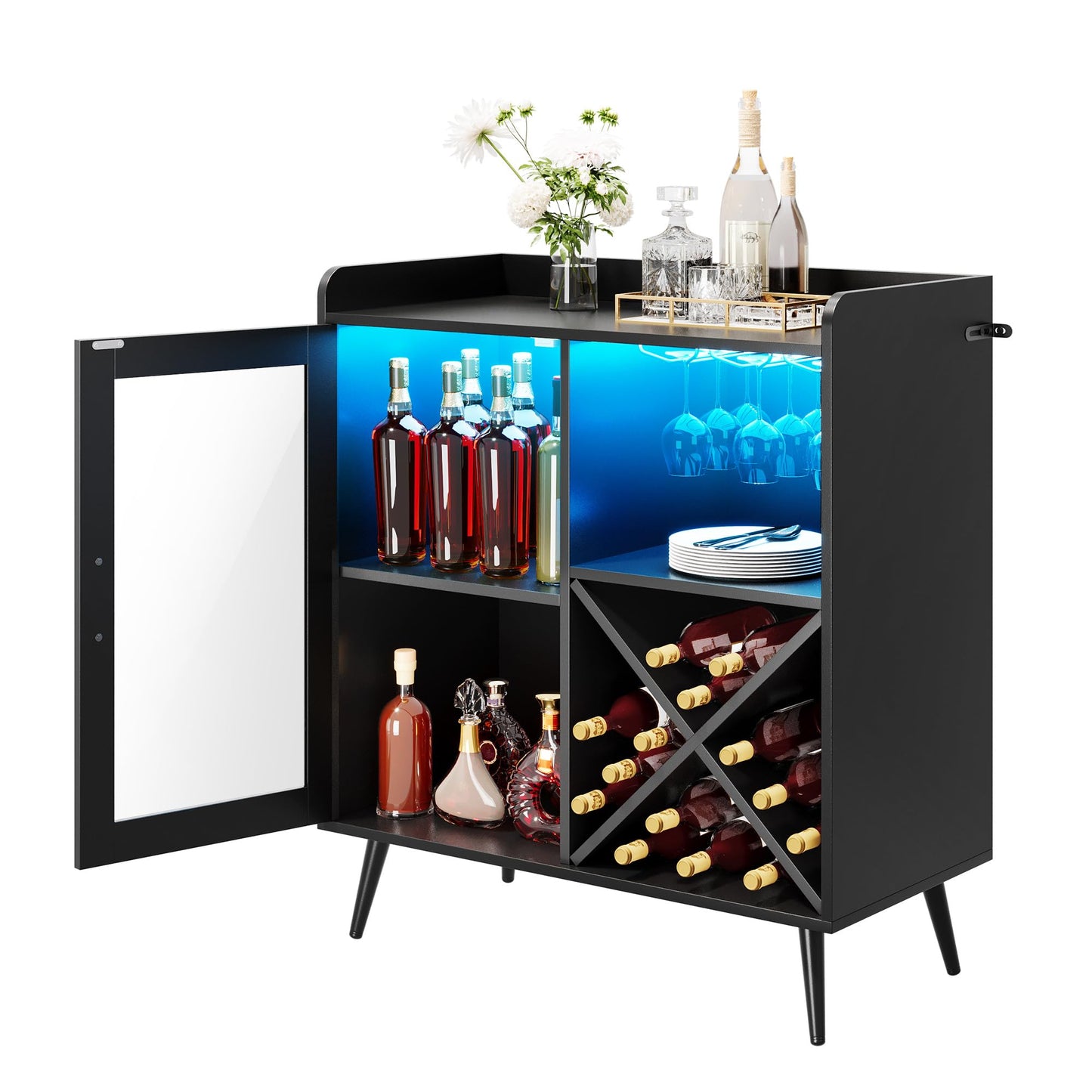 YITAHOME Small Bar Cabinet with LED Lights, Acrylic Door & Wine Rack, Coffee Bar with Cup Holders, Sideboard for Home Bar, Dining Room, Living Room
