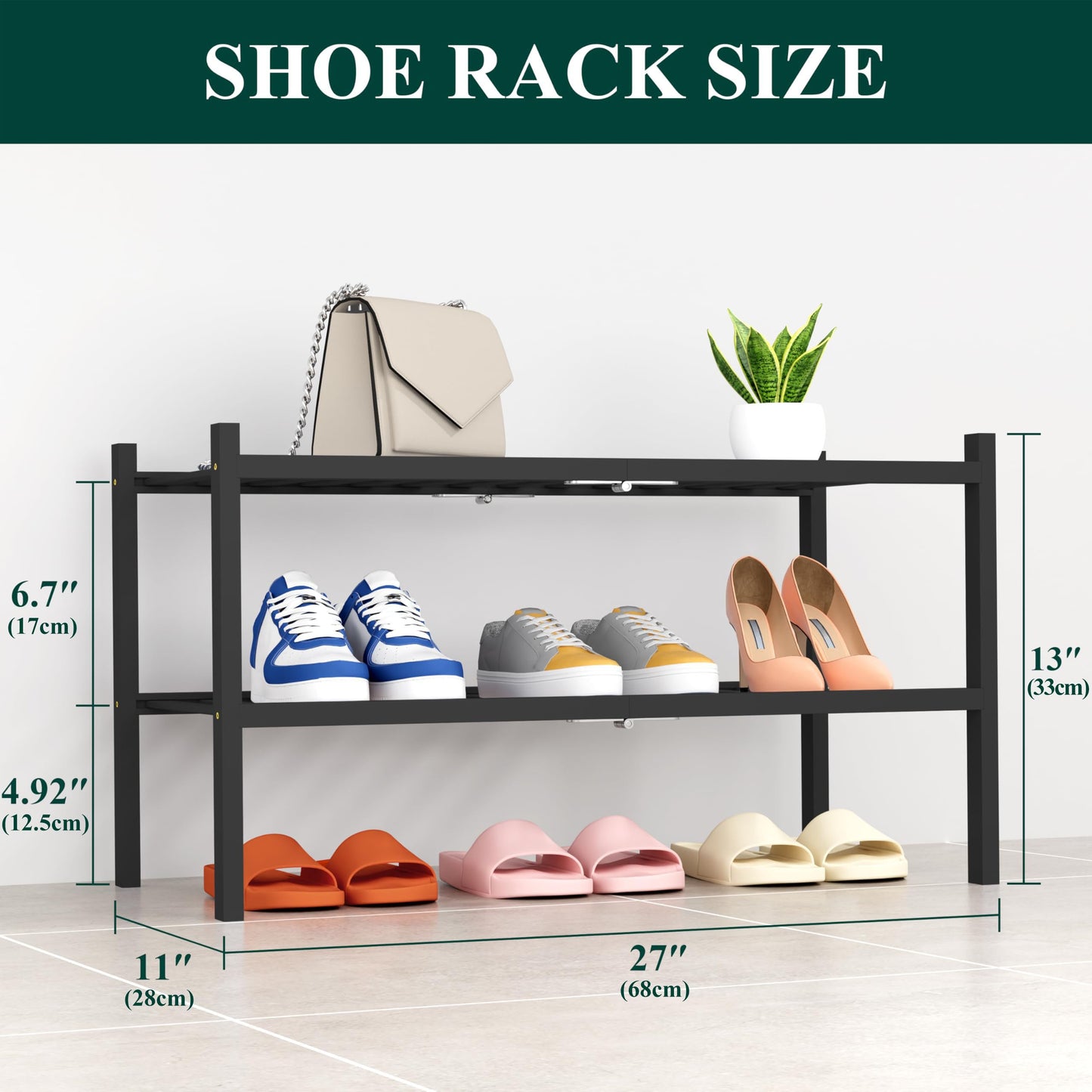 smiry Shoe Rack, 2 Tier Bamboo Shoe Organizer, Stackable Free Standing Wooden Shoe Storage Shelf for Entryway, Front Door Entrance, Black