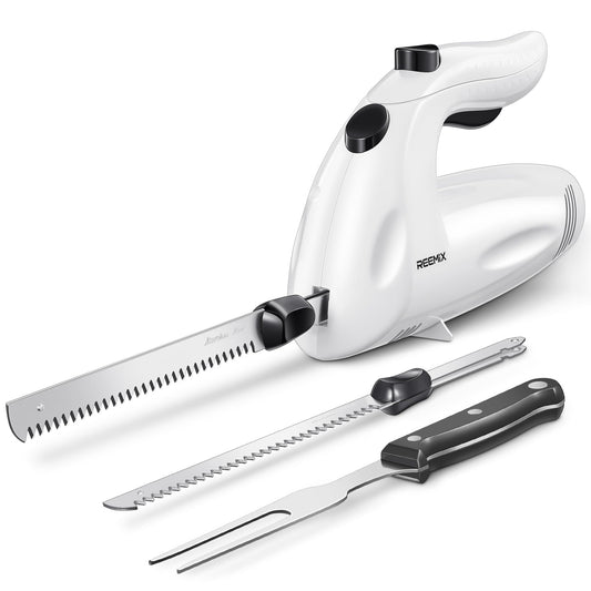 Reemix Electric Knife Set, 150W Powerful Electric Knife for Multi-Purpose Use, One Touch Operation, for Meats, Poultry, Bread - 2 Carving Blades and 1