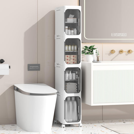 Enjinkail Tall Bathroom Cabinet, Slim Freestanding Plastic Storage Unit with Door, Waterproof Small Trolley with Wheels for Office, Living Room,