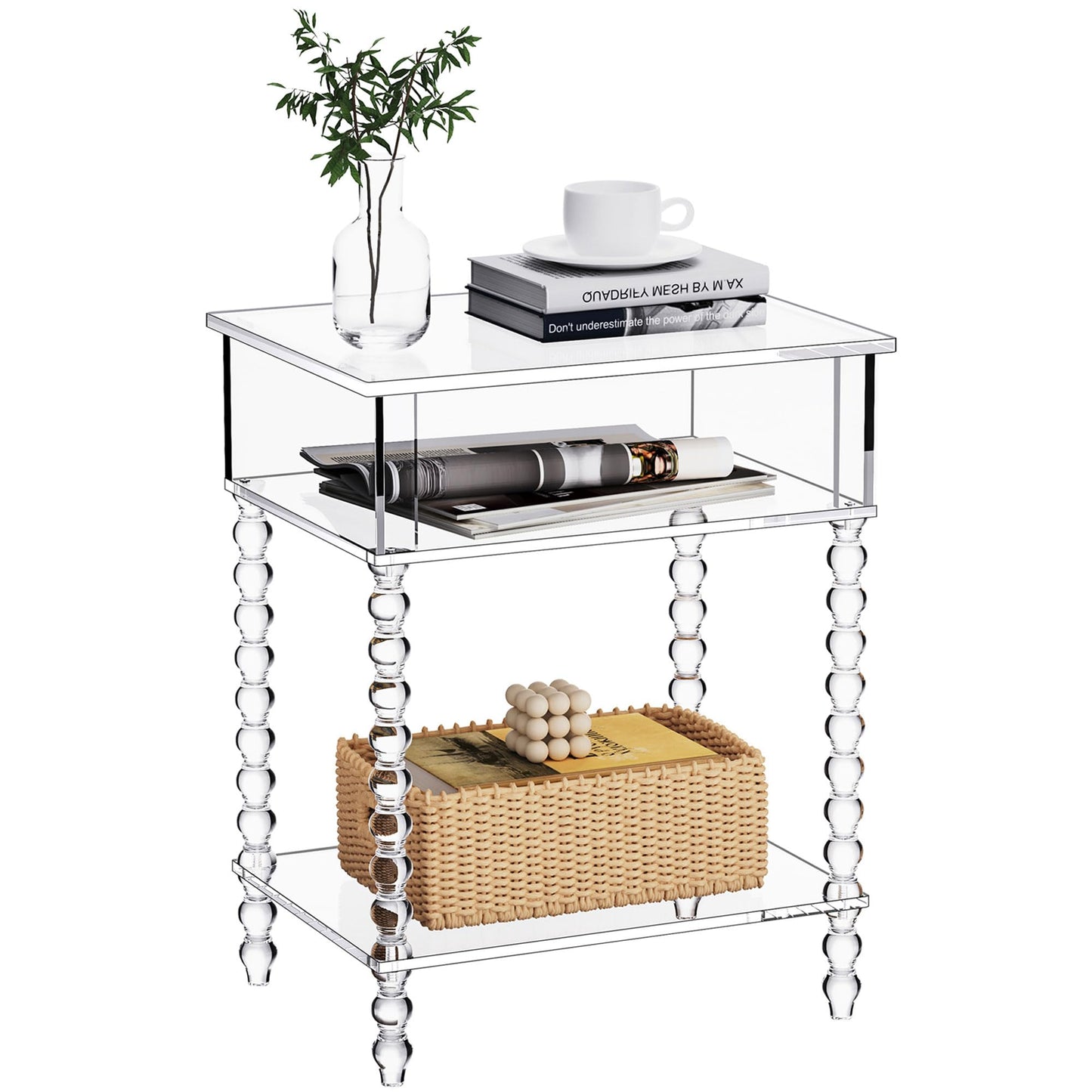 Dewrhiixe Acrylic Side Table, Clear 3-Tier End Table with Storage, Nightstand for Living Room, Bedroom, Office (Clear, 40x30x50 cm)