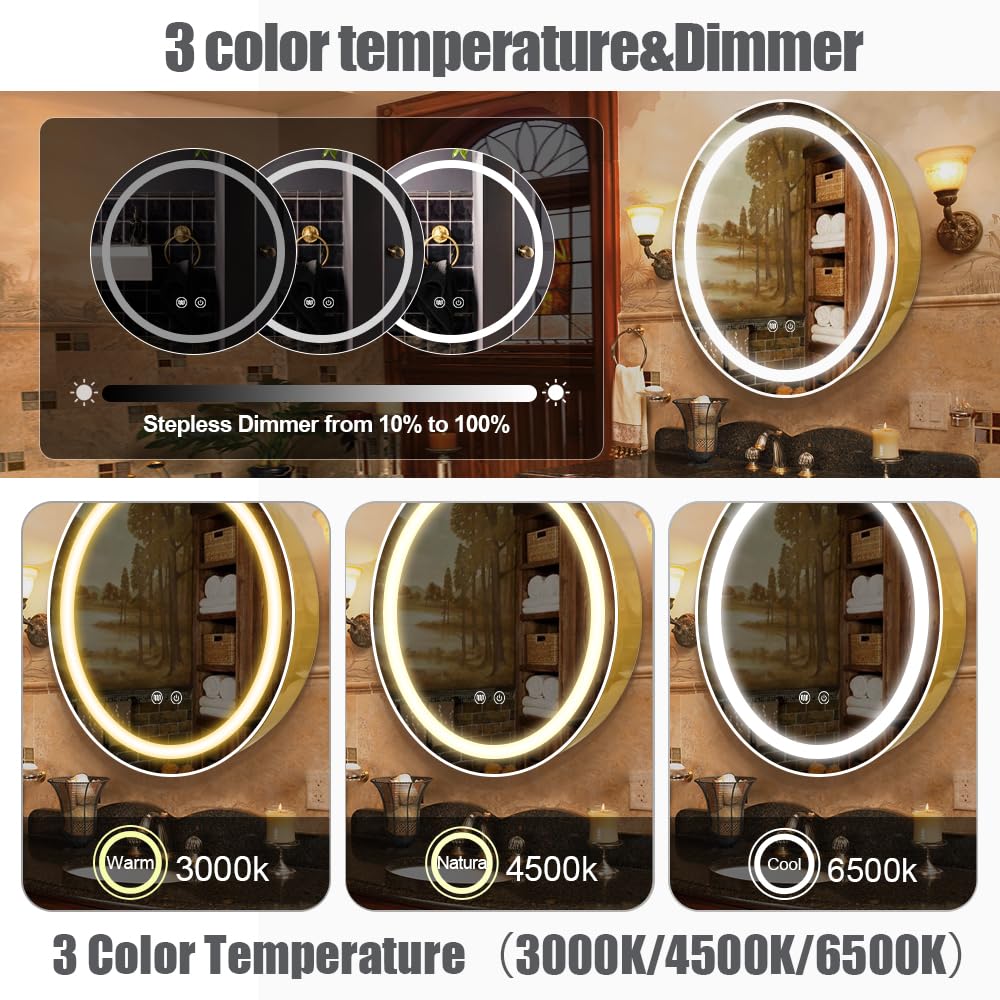 Janboe 71cm Round Mirror Cabinet with Lights,with Defogger,Dimmable,Anti-Fog,3 Colors,Gold