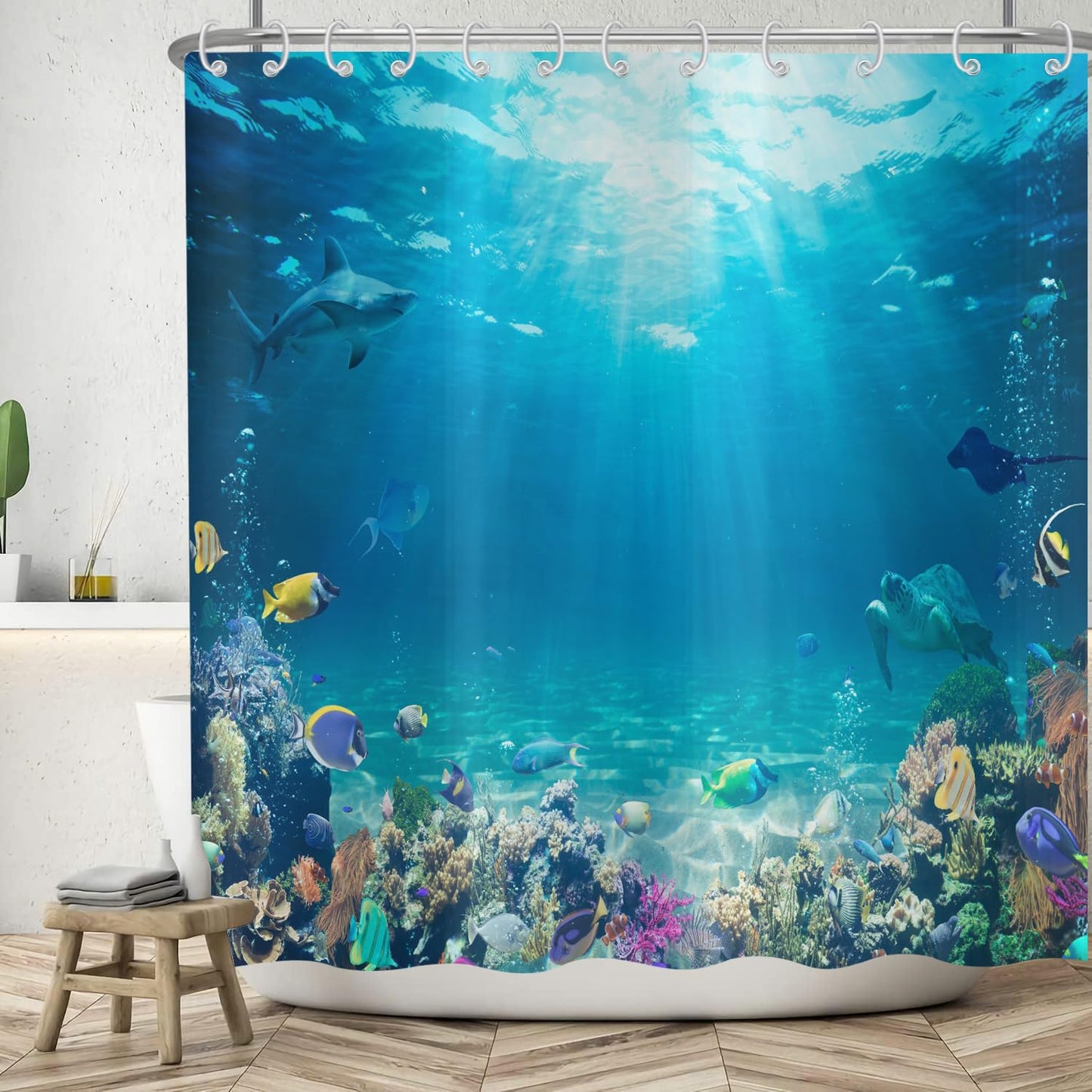 ASDCXZ Sea Floor Shower Curtain 180x200 cm, Blue Deep Sea Ocean Colorful Underwater World Shark Turtle Fish Washable Shower Curtains Polyester