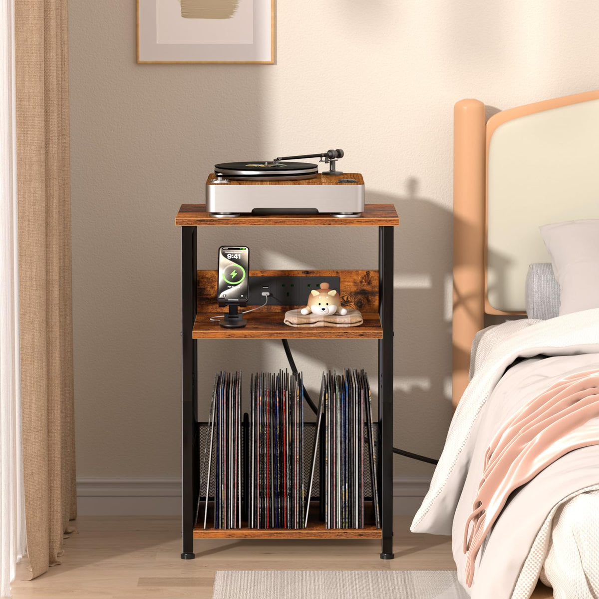 AMHANCIBLE Record Player Stand with Charging Station, Vinyl Record Storage