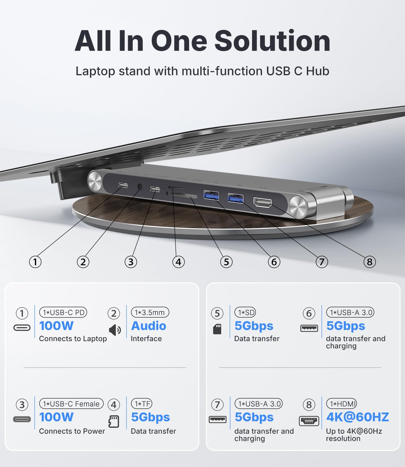 KU XIU X53 Laptop Stand Desk with 8-in-1 Docking Station, 360°Rotation,Wood
