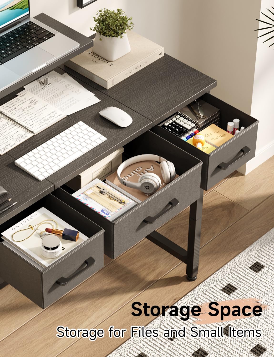 KitMent Small Desk with 3 Fabric Drawers, Small Computer Desk with Adjustable Monitor Stand and Hook, 76x36cm Table for Makeup Vanity