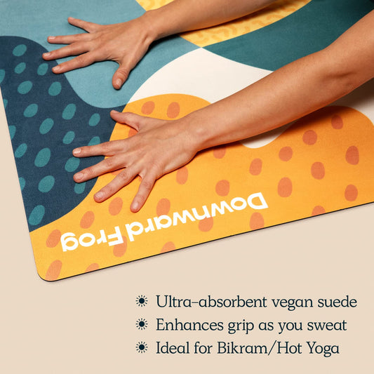 Downward Frog Printed Yoga Mat for Hot Yoga, Bikram, Thick Fitness & Pilates Mat for Comfort - Eco Natural Rubber, Vegan, Microfibre Towel Surface,