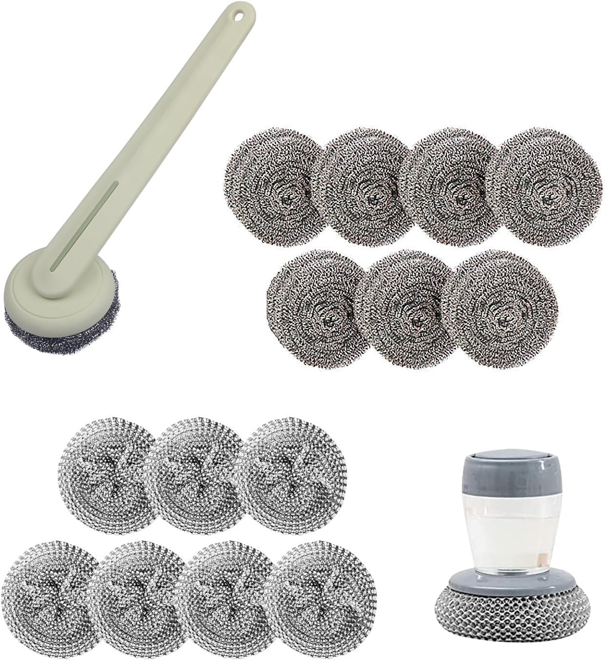 BFJ Stainless Steel Wool Brush Dish Scrubber with Handle Replacement Heads - Steel Scrubbing Scouring Pad Set of 16, Kitchen Cleaning Metal Dish