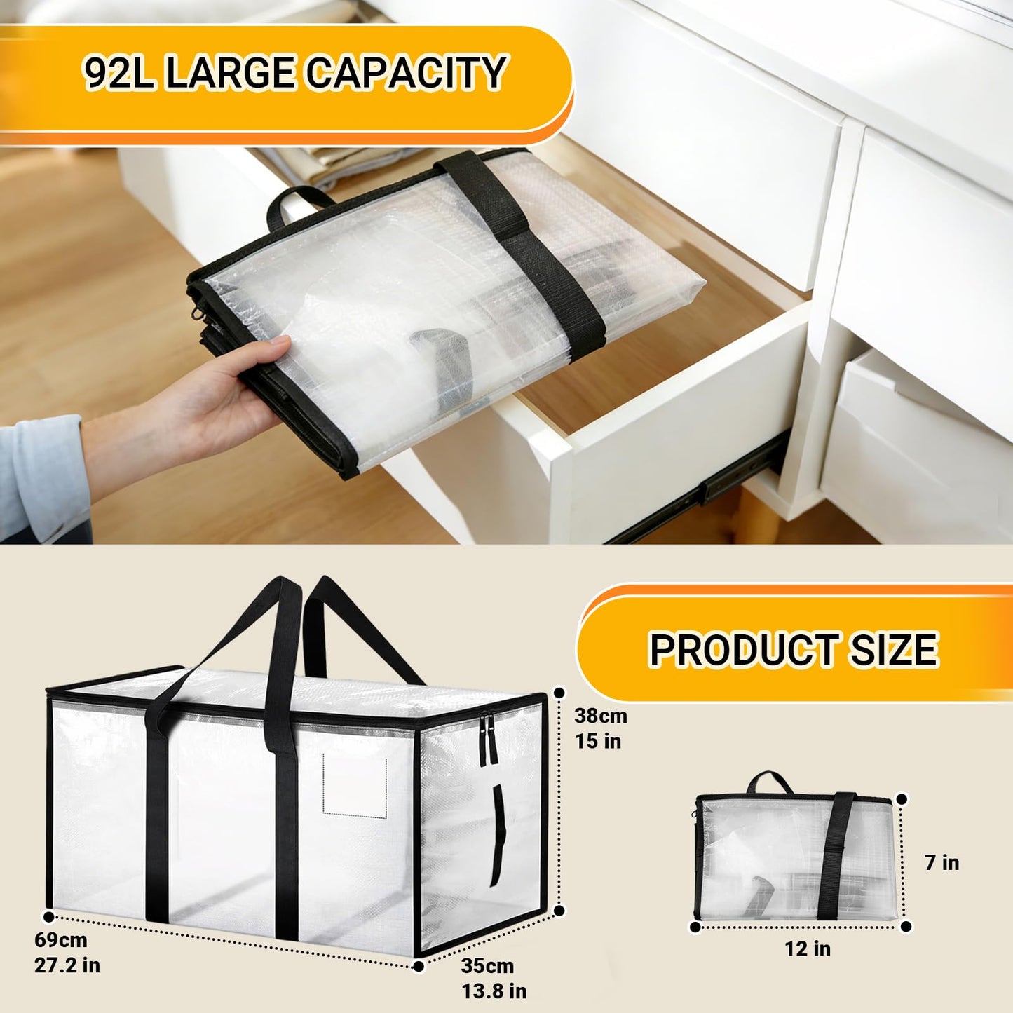 Large Moving Boxes and Storage Bags - 6 Pack 92L Heavy Duty Extra Large Moving Bags with Reinforced Bottom, Dual Zips & Clear Window for Decoration