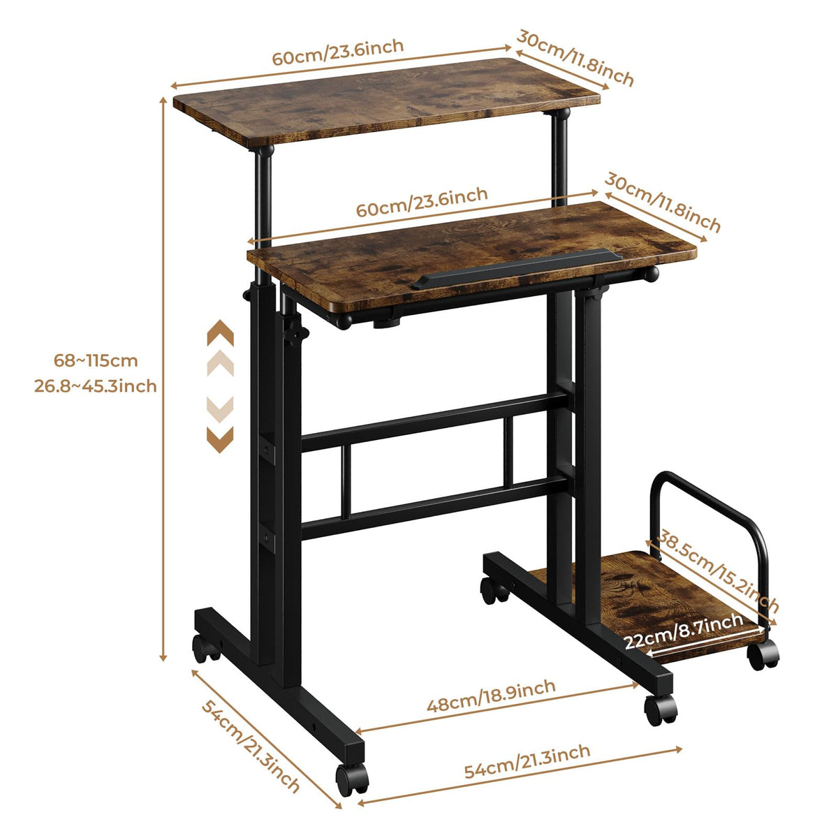 Dripex Standing Desk, Height Adjustable Rolling Desk with Tilting Table Top, Sit-Stand Workstation with Wheels, 60 x 60 cm, laptop Table