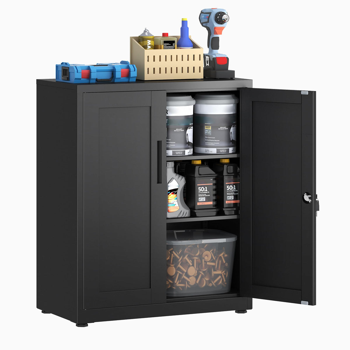HOMSTEEL Storage Cabinet, Metal Locking Garage Cabinet, Office Cabinet with Adjustable Shelves, Cupboards for Office, Garage and Utility Room
