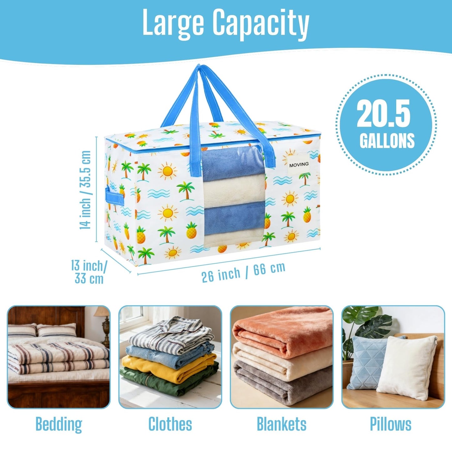 VENO 6 Pack Heavy Duty Moving Bags with Clear Window, Tropical Island, Storage Bags for Clothes and Comforter