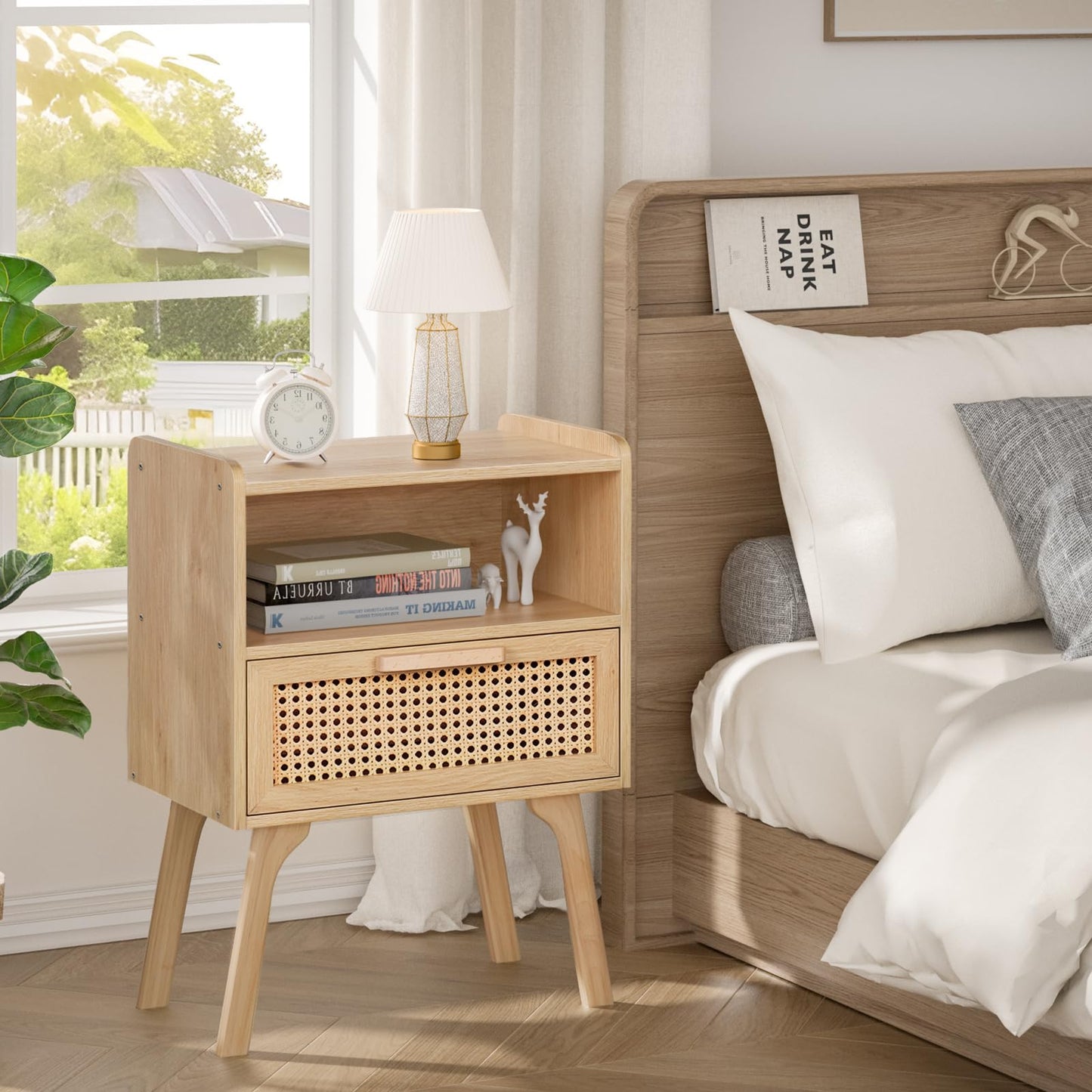 LELELINKY Rattan Bedside Table, Boho Wooden Side Table