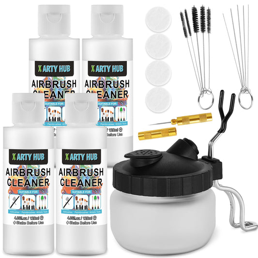 X ARTY HUB Airbrush Cleaning Kit - 4 * 120 ml Airbrush Cleaner with Glass Cleaning Pot, Brushes and Needles Set for Removing Clogged Water-Based
