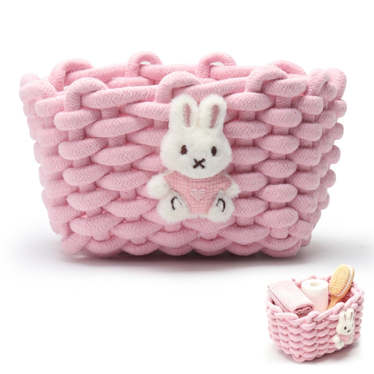 Woven Cotton Wicker Storage Basket with Bear Motif, White - Bathroom Organizer for Desk, Makeup Table, Cabinets, Bath, Kitchen Pink - Rabbit