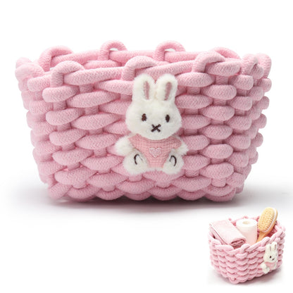 Woven Cotton Wicker Storage Basket with Bear Motif, White - Bathroom Organizer for Desk, Makeup Table, Cabinets, Bath, Kitchen Pink - Rabbit