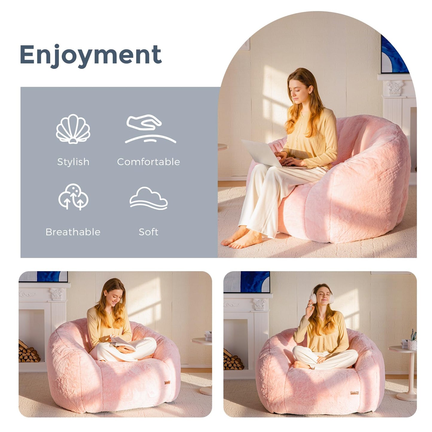MAXYOYO Giant Bean Bag Chair,Faux Fur Shell Shaped Bean Bag Sofa with Filler,Soft Beanbag Sofa Giant Size for Living Room Bedroom