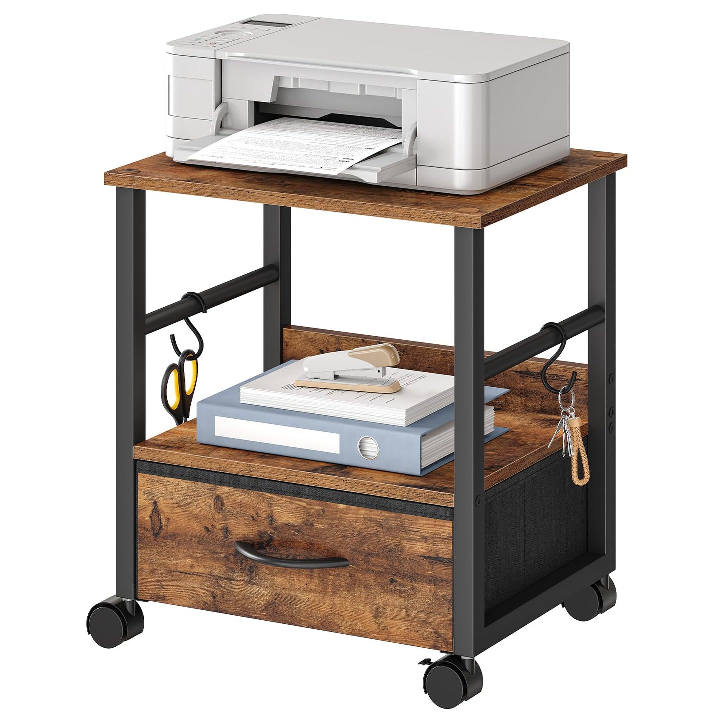 HOOBRO 2-Tier Printer Stand with Drawer, Under Desk Printer Table, Printer Cart with Storage, with Casters/Adjustable Feet, for Home Office, Study