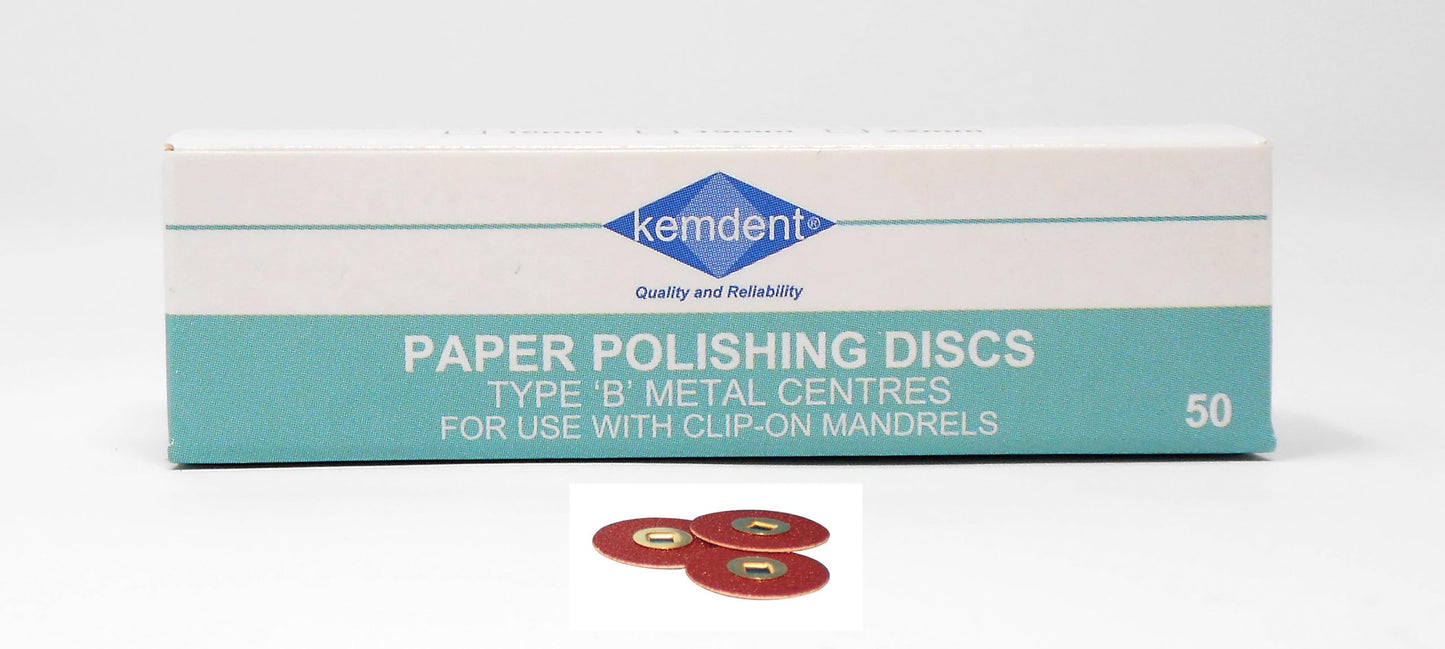 Paper Discs B Metal Centre Coarse 22mm(3/4) 50/box, for use with a clip on Mandrel. Provide a convenient, disposable supplement to burrs for the