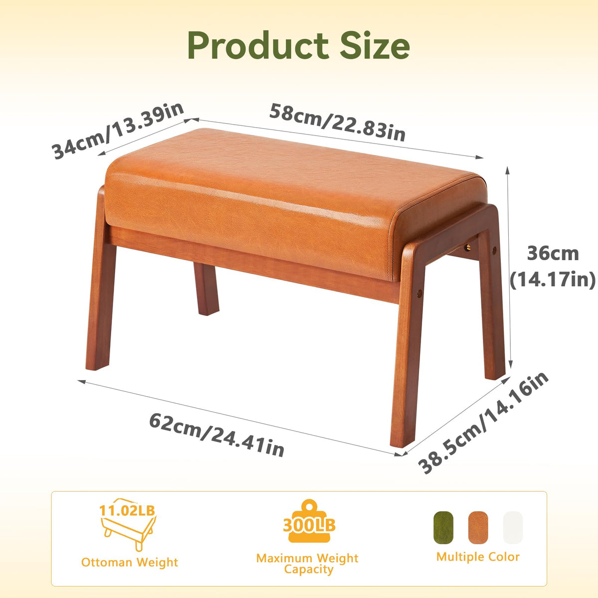 IBUYKE 14.2” H Large Foot Stool Ottoman, Rectangle PU Faux Leather Foot Rest with Padded Seat and Wood Legs