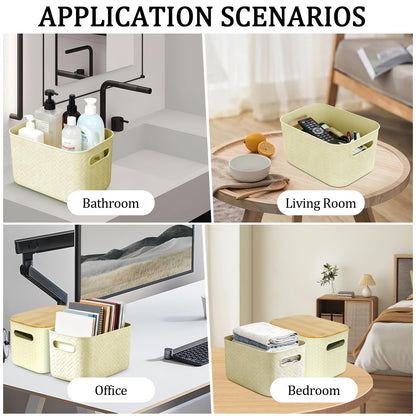 XJGQZ Plastic Storage Boxes with Wooden Lids, 4-Pack Stackable Organisers