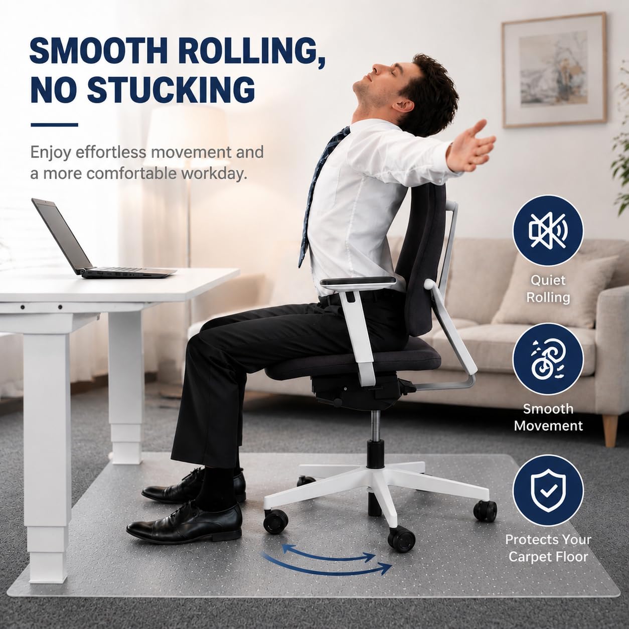 Thickened Office Chair Mat for Carpet, 120×90cm Rectangular, 3mm Thick Clear Heavy Duty Floor Protector with Anti-Slip Particles for Office & Home