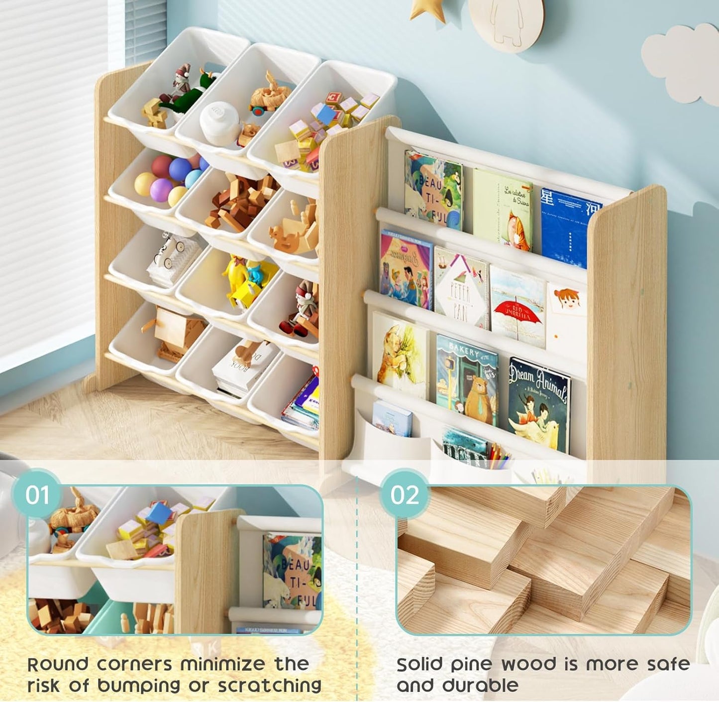 EXPERLAM Kids Toy Storage Organizer - Toy Organizer with Bookshelf, Toy Storage with 12 Toy White Bins and 4 Book Shelves