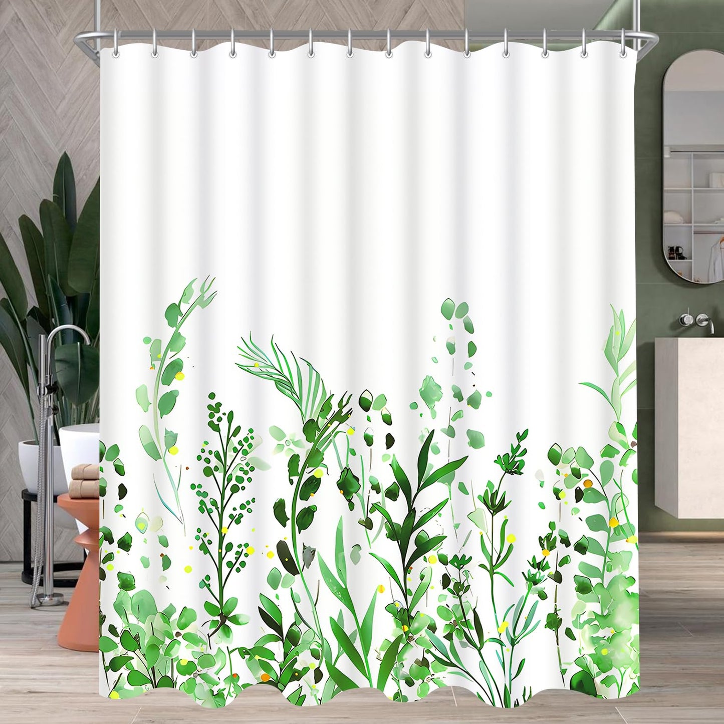Lerores Shower Curtain, 240 x 200 cm, Flowers and Leaves, Weighted Hem, Anti-Mould, Waterproof Surface, Extra Wide, Washable Polyester Bath Curtains