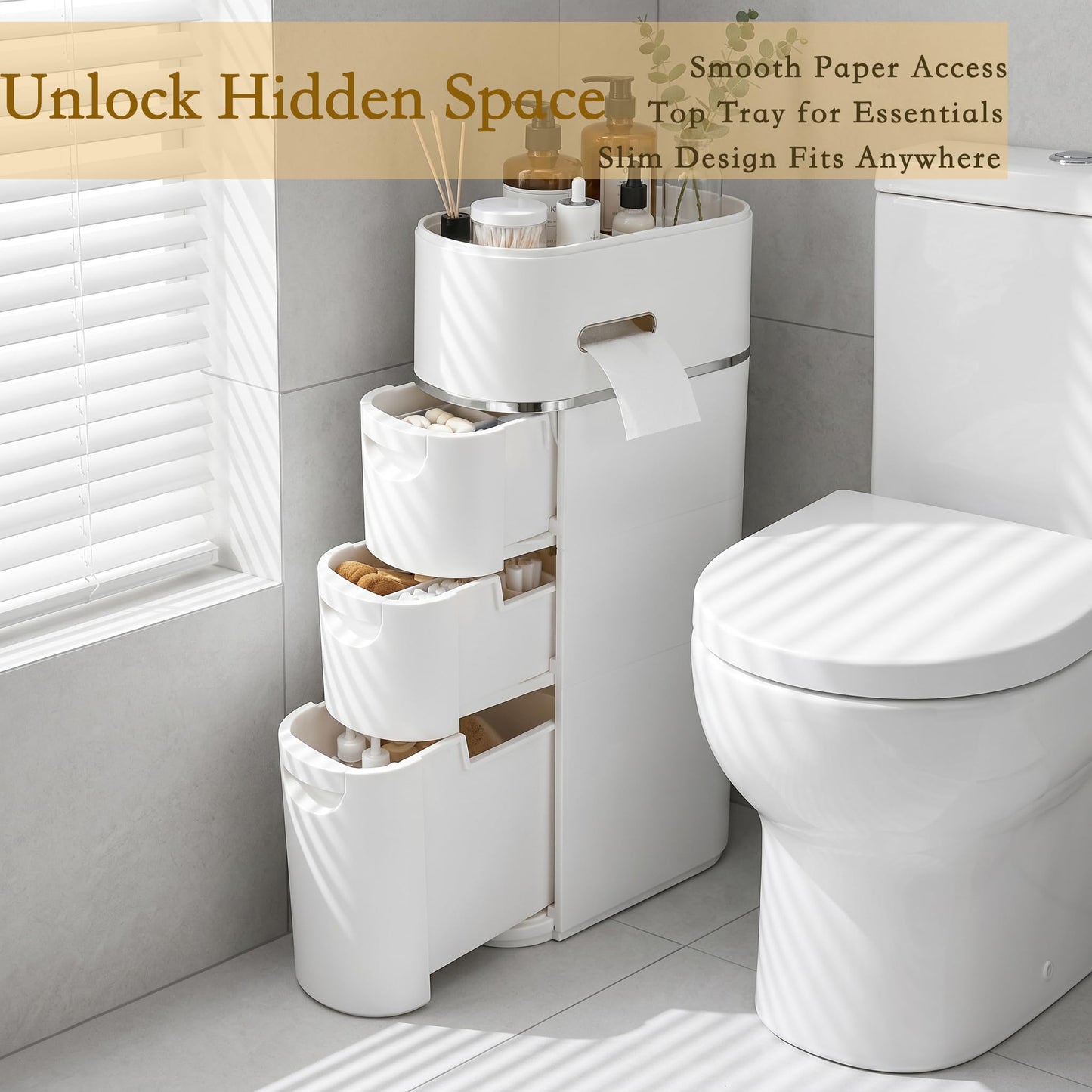 Slim Bathroom Storage Cabinet 4 Tier, Narrow Floor Standing Storage Unit with 3 Drawers & Toilet Paper Holder