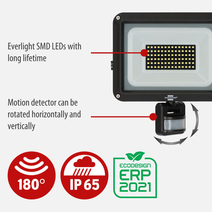 Brennenstuhl LED Spotlight JARO 7060 P (LED Wall Floodlight for Outdoor use IP65, 50W, 5800lm, 6500K, with Motion Detector and Twilight Sensor)