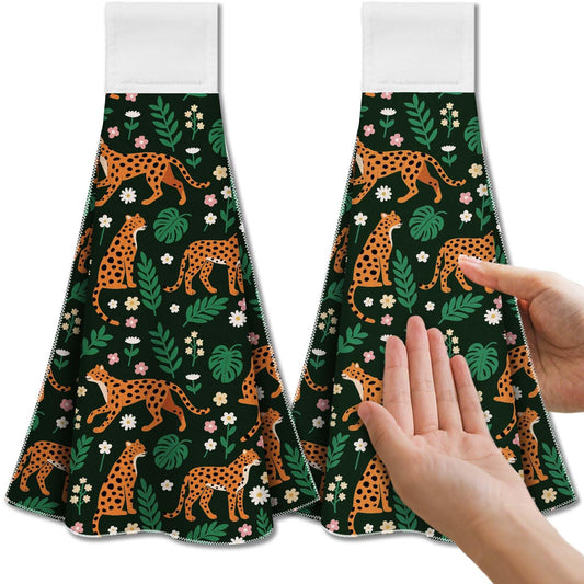 CUTHOLLOW Cheetah and Flowers Tea Towels for Kitchen with Loop, Set of 2 - Soft & Super Absorbent Microfiber Decorative Hanging Dish & Hand Towel,