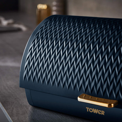 Tower T826090MNB Empire Roll Top Bread Bin, Stainless Steel, Midnight Blue and Brass