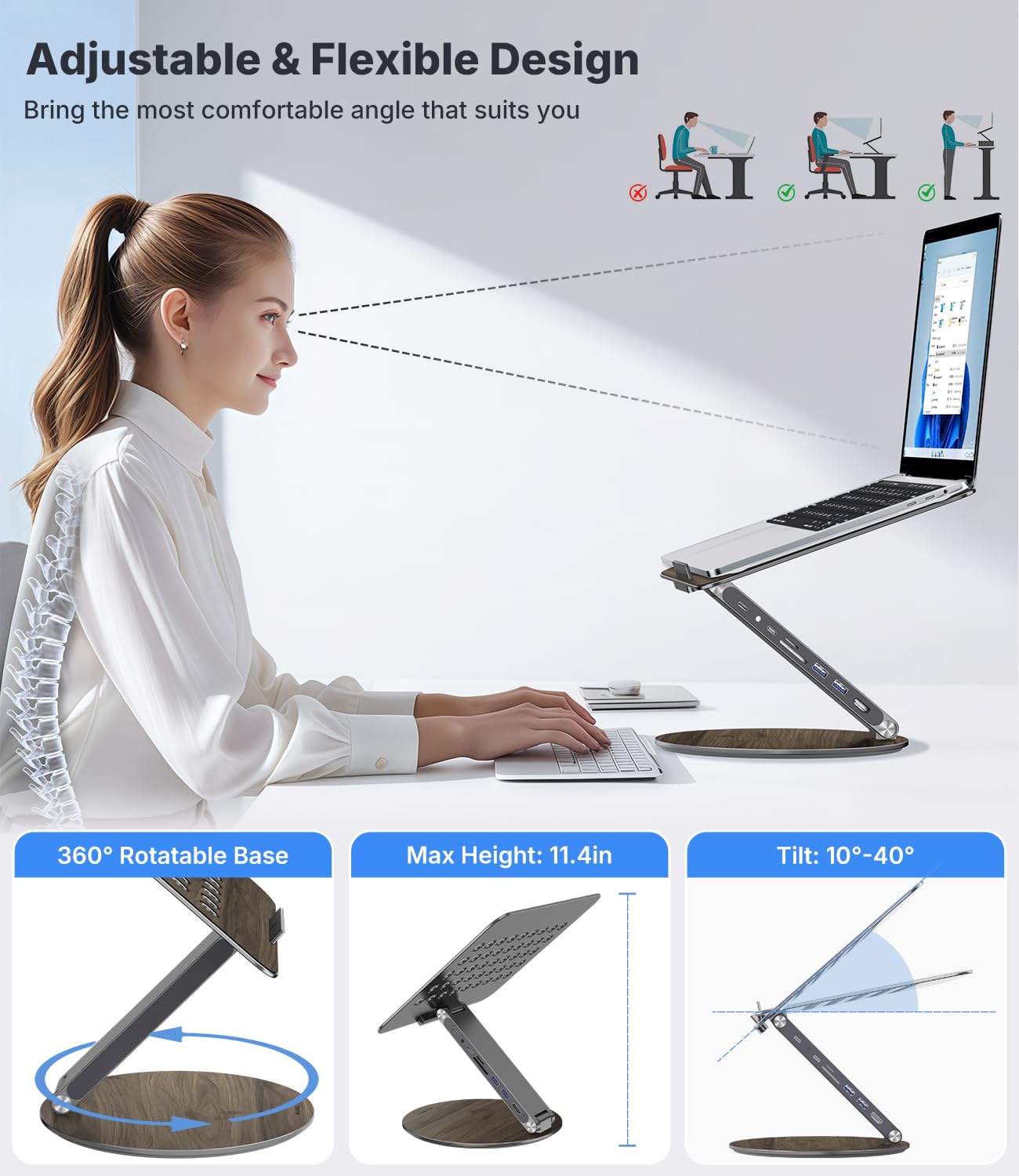 KU XIU X53 Laptop Stand Desk with 8-in-1 Docking Station, 360°Rotation,Wood