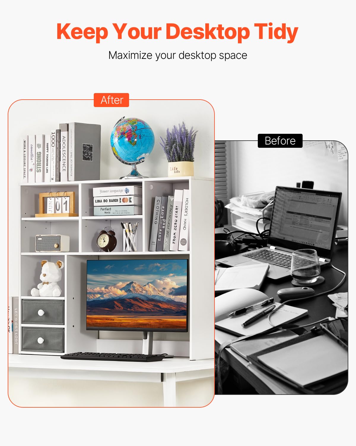 VEVOR Desktop Bookshelf, 3-Tier Desktop Storage Organizer, 37" x 10" x 31.1" Office Storage Rack Wood Display Shelf