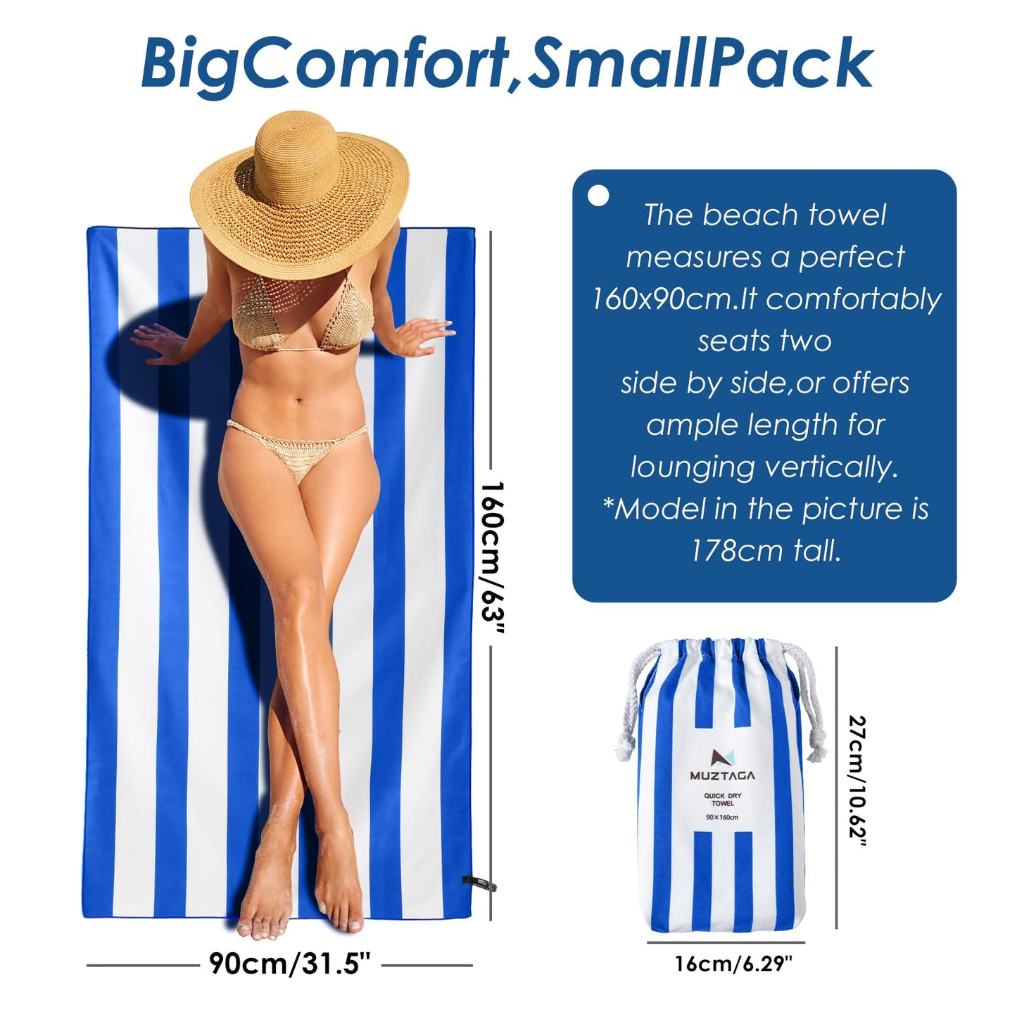 Muztaga Microfibre Beach Towel - Sand Free, Quick Dry, Large 160 x 90 cm Striped Pool Towels for Adults & Kids
