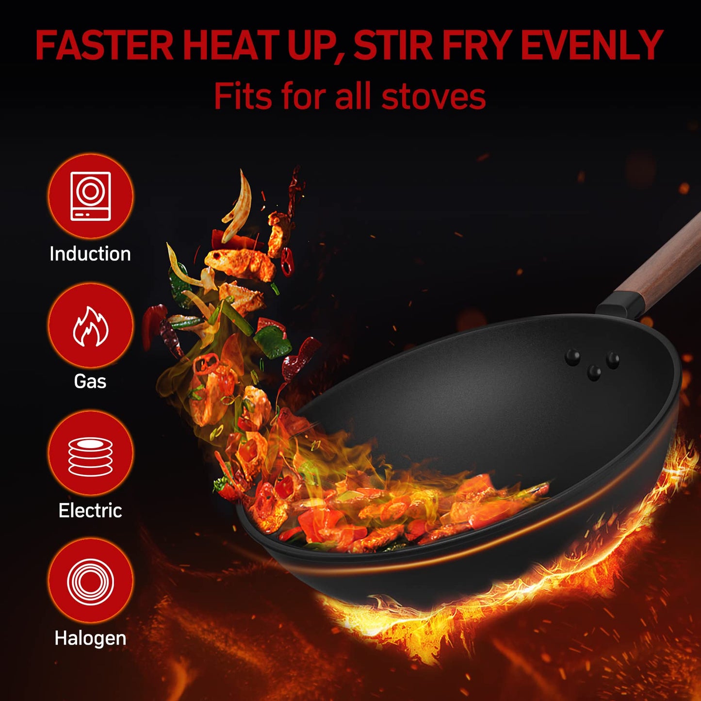 Jobin 33cm/5.6L Non Stick Wok with Lid Carbon Steel Frying Pan No Chemical Coated and Large Capacity for Cook Asian Dishes for 4-6 People, Ideal for