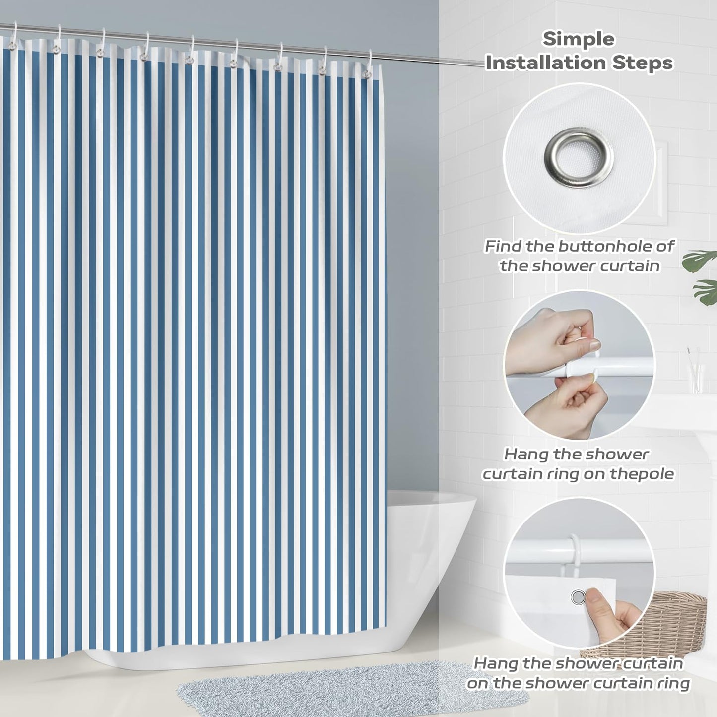 Hopomoon Blue and White Striped Shower Curtain,Vintage Blue Vertical Striped Geometric Waterproof Polyester Fabric Bath Curtain with 12 Hooks 72 x 72