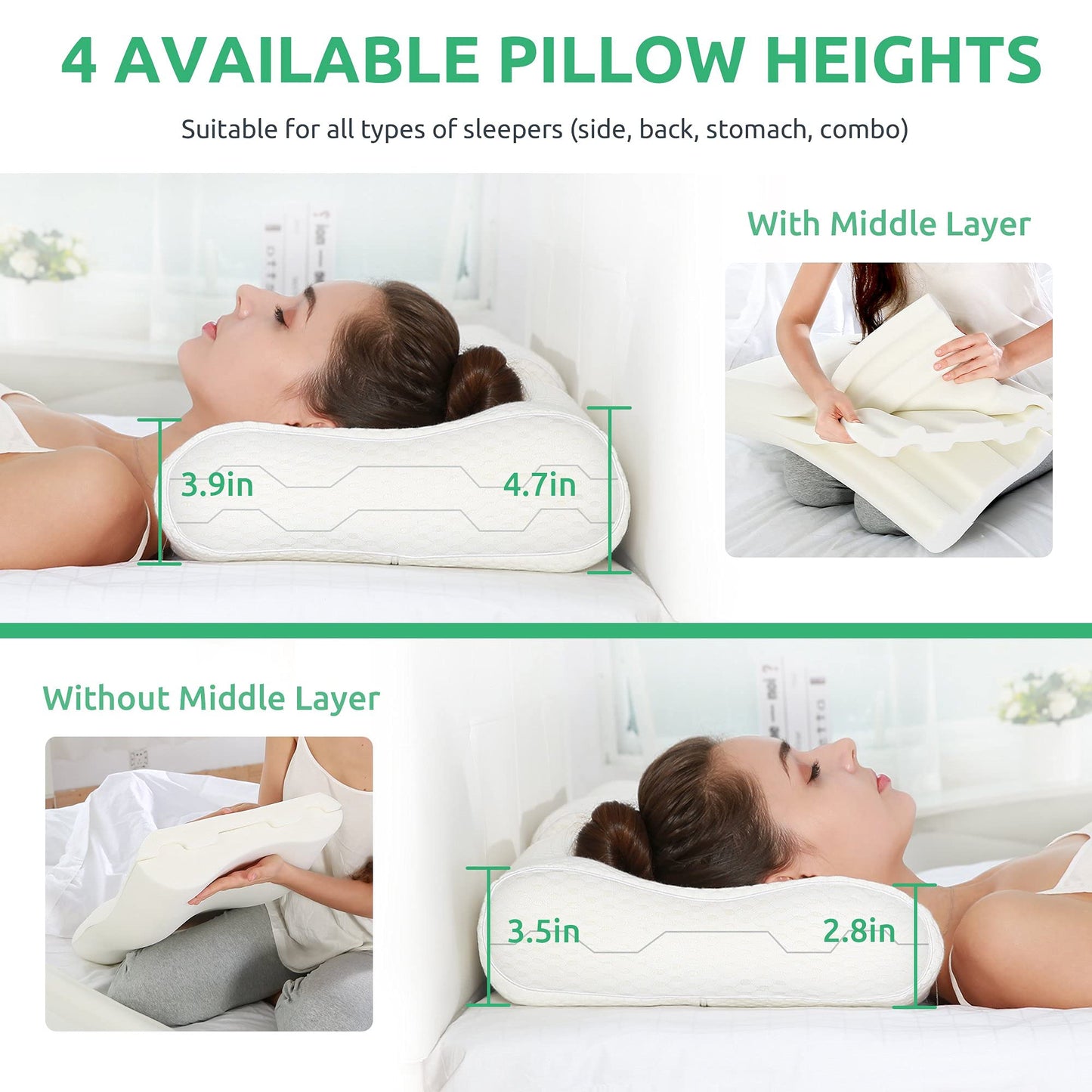 UTTU Cervical Pillow for Neck Strain Relief, Memory Foam Neck Pillow for Sleeping, Adjustable Orthopedic Sandwich Pillow, Contour Cooling for Side