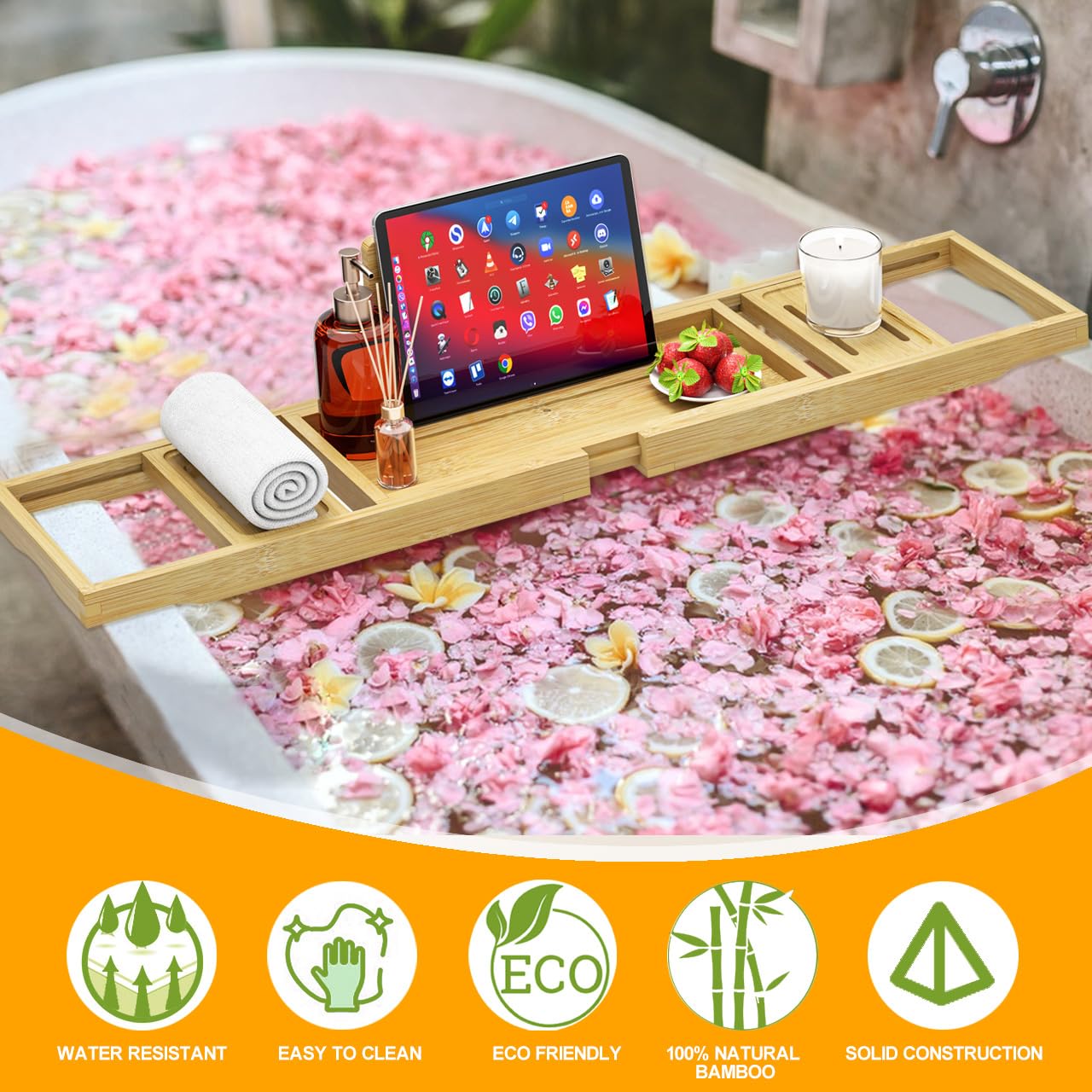 Premium Bathtub Tray - Expandable Bamboo Wooden Bath Trays for Bathub - Bath Tub Table Tray for Bathtub/Tub,Adjustable Size, Fits Most Tubs