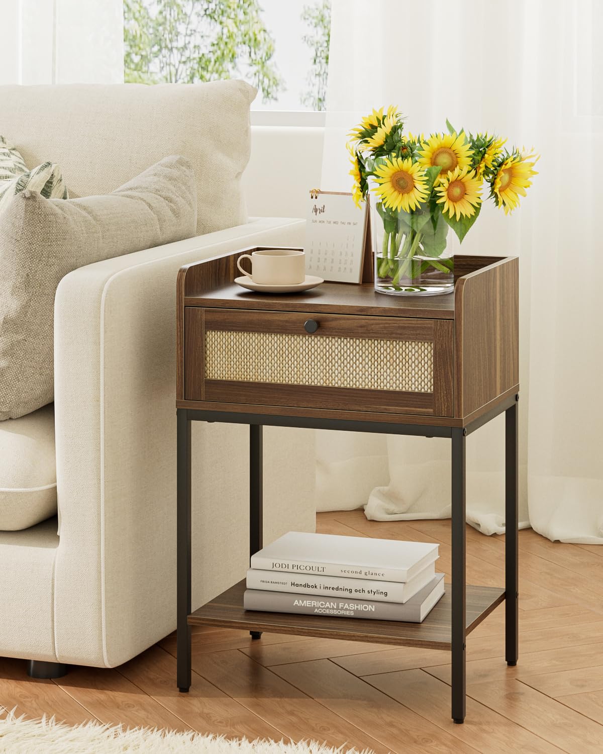 HEYZOEY Rattan Bedside Table, Walnut Modern Bedside Table with Storage Drawer and Shelf, Small Side Table for Bedroom, Living Room, Walnut Rattan