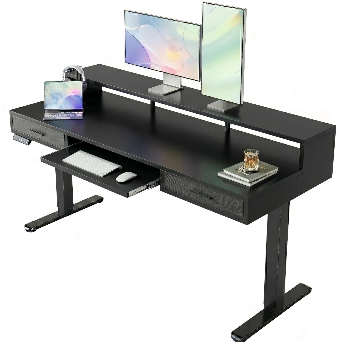 HUANUO 140 x 66cm Standing Desk with Drawers & 64cm Large Keyboard Tray, Electric Standing Desk with 4 Memory Height Settings for Home Office