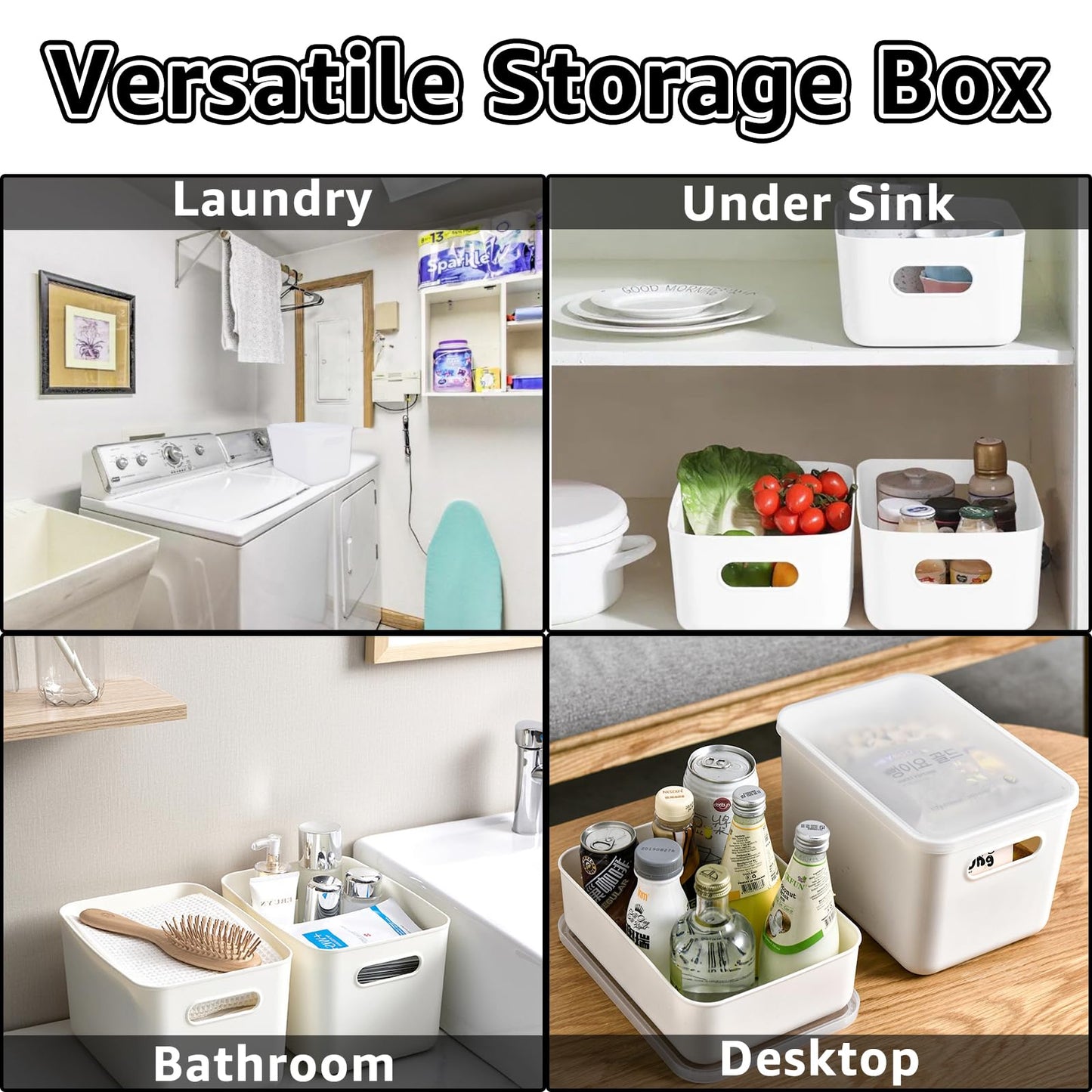 WOPPLXY 4PCS White Storage Boxes with Lid - 6.5L Stackable, Durable Boxes - White Plastic Storage Box with Lid for Desktop, Bathroom, Kitchen