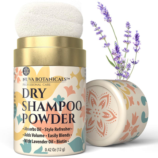Nuva Botanicals Non Aerosol Dry Shampoo Powder with Biotin - Lavender Extract and Korean Ginseng - Volumizing Travel Size (0.42 oz) - Gifts for Her