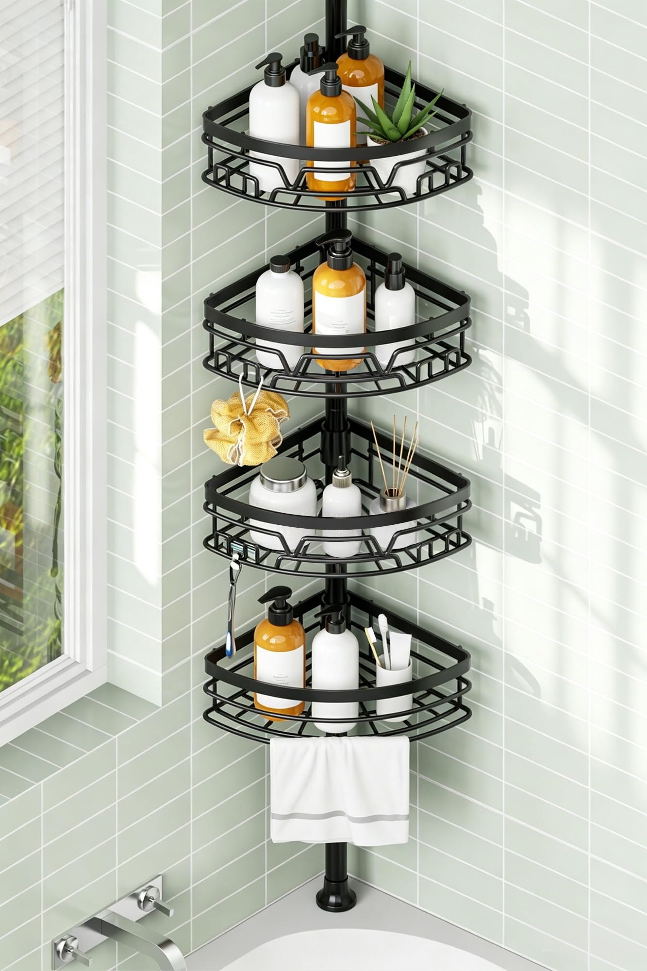 KEGII Telescopic Shower Caddy Corner - Black Shower Shelf with Towel Bar
